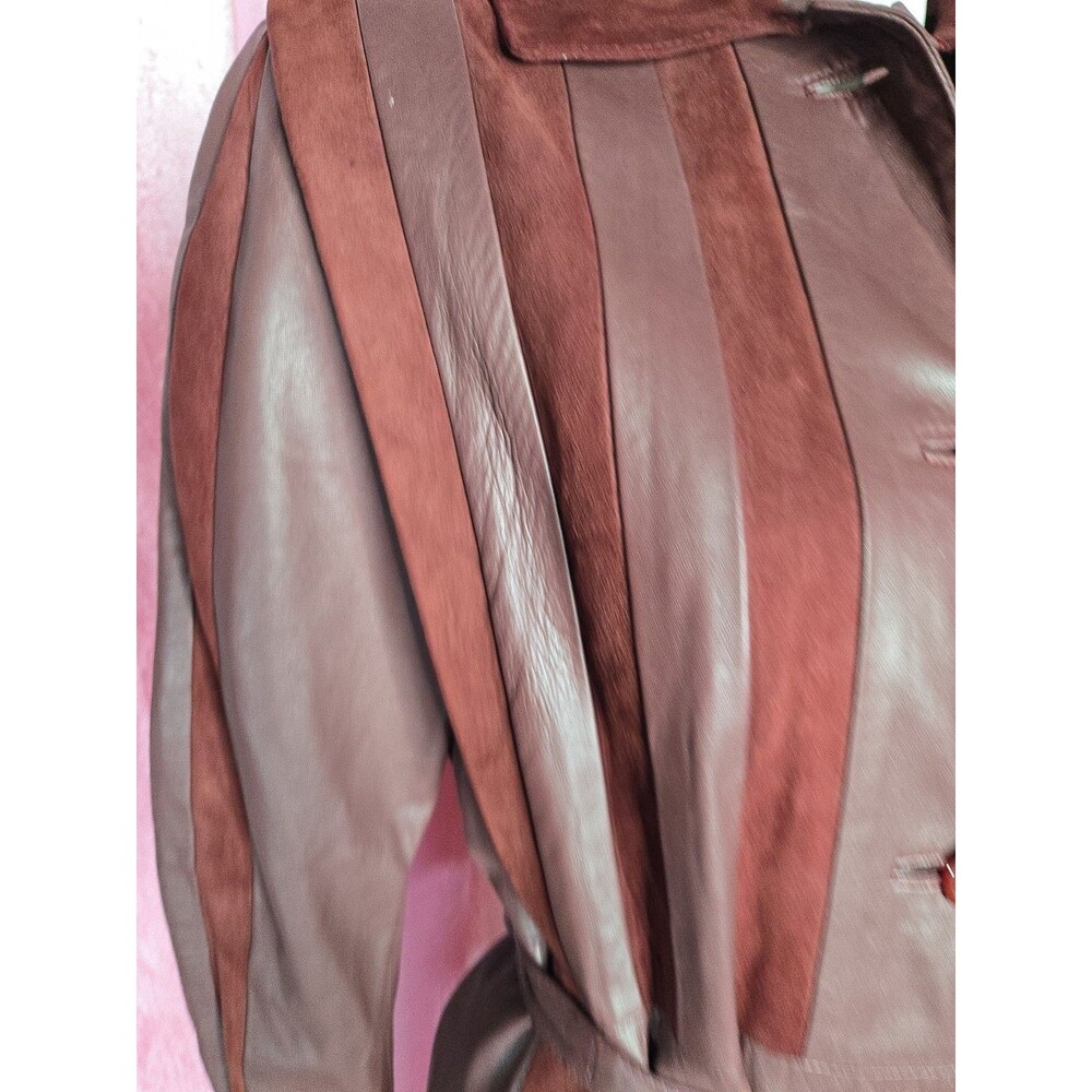 Y2K Exquisite Brick Red Soft Leather Suede Retro Trench Coat Size Medium 8 - Picture 4 of 16